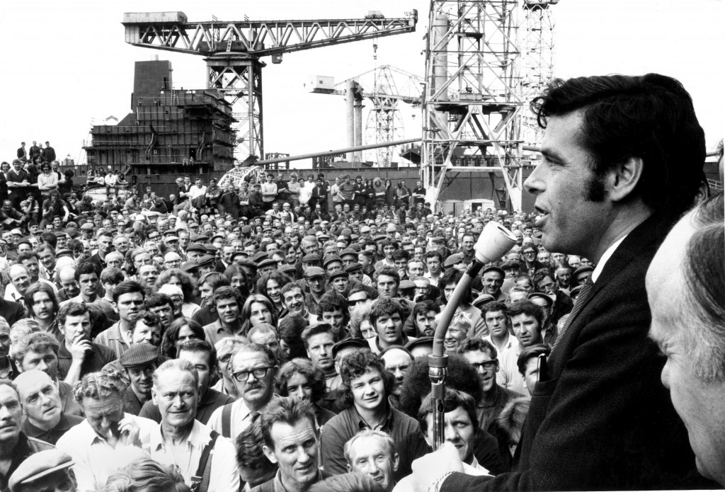 Jimmy Reid addresses a mass meeting of the Upper Clyde Shipyards workforce at Clydebank, July 1971