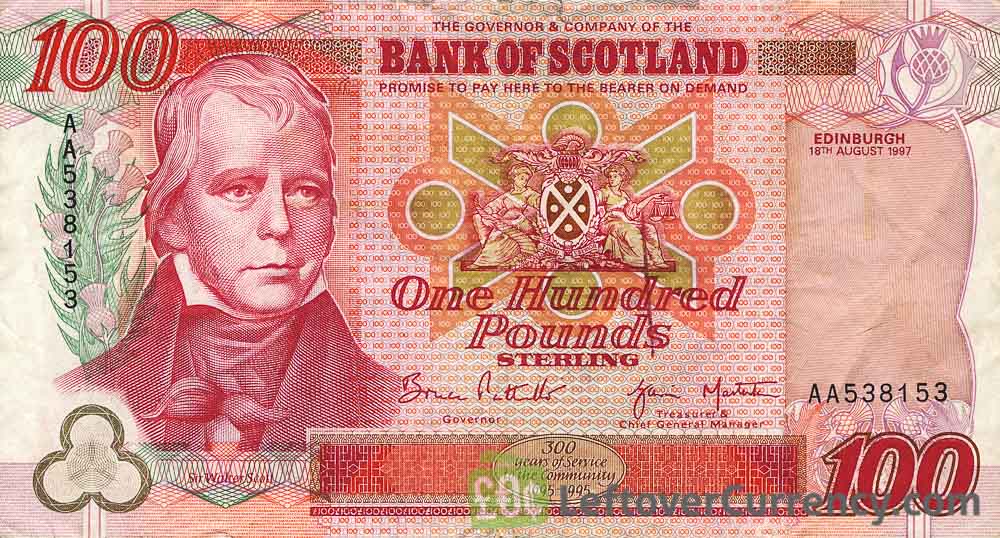 Scottish Budget Round One To Derek Bella Caledonia   Bank Of Scotland 100 Pounds Banknote 1995 2006 Series Obverse 1 